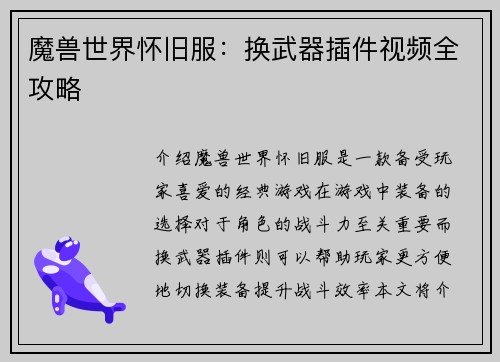 魔兽世界怀旧服：换武器插件视频全攻略