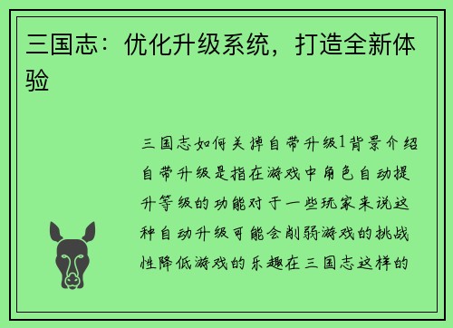 三国志：优化升级系统，打造全新体验