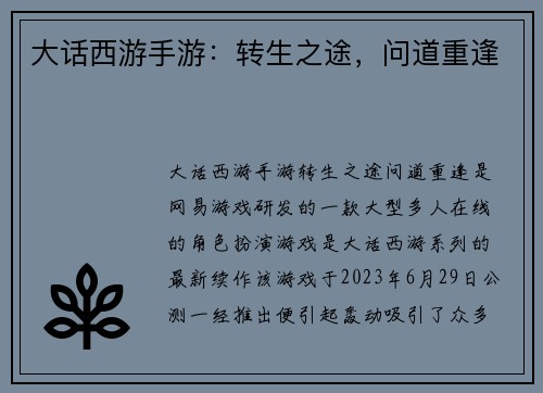 大话西游手游：转生之途，问道重逢